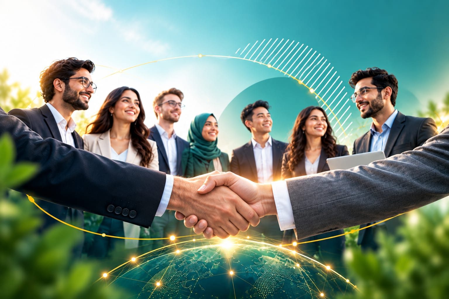 Two founders and investors shaking hands, with their teams standing behind them